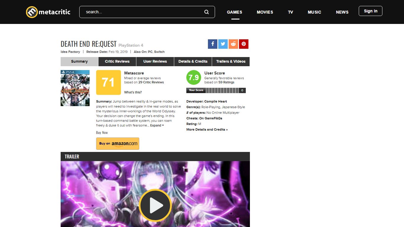 Death end re;Quest for PlayStation 4 Reviews - Metacritic